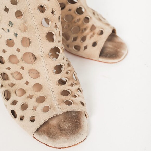 Prada Quarzo Suede Laser Cut Ankle-Strap Sandals - Picture 6 of 9